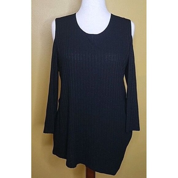 NY Collection Tops - NY Collection Womens Large Black Cold Shoulder Tunic Blouse Top Light Sparkling